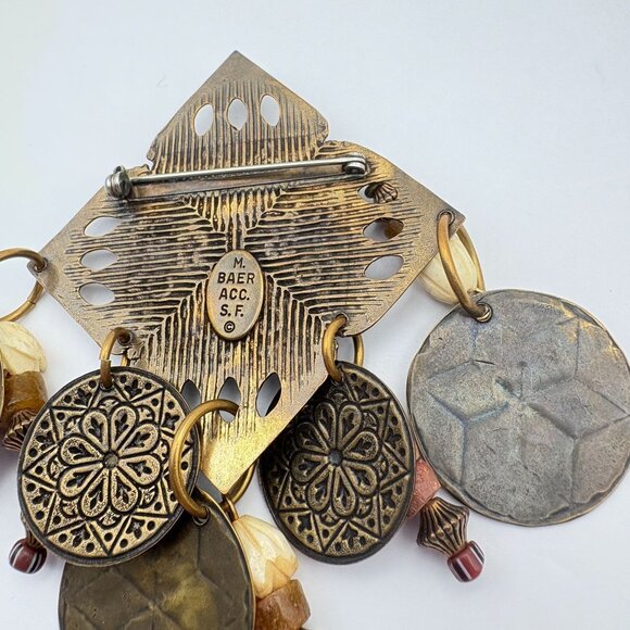 Vintage M Baer Acc SF Brass Artisan Brooch Dangling Beads & Discs Statement Pin - Picture 5 of 6